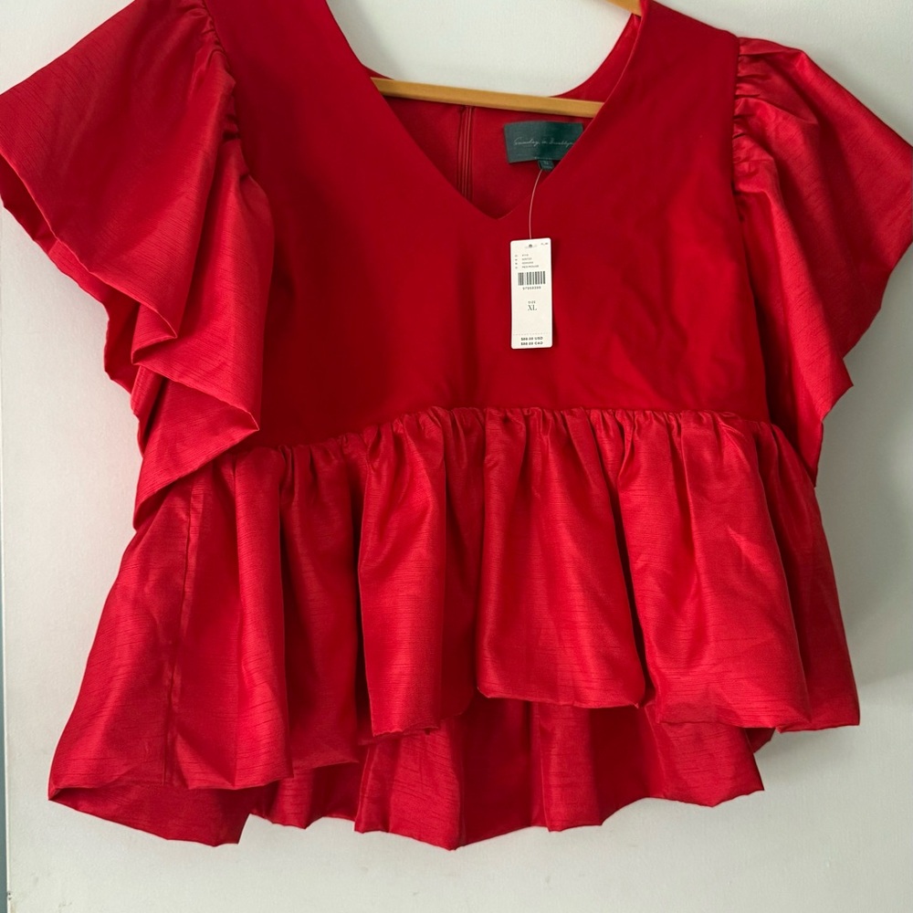 Sunday Brooklyn Anthropologie Top M Red Ruffle Peplum Bubble Cocktail Party Bold